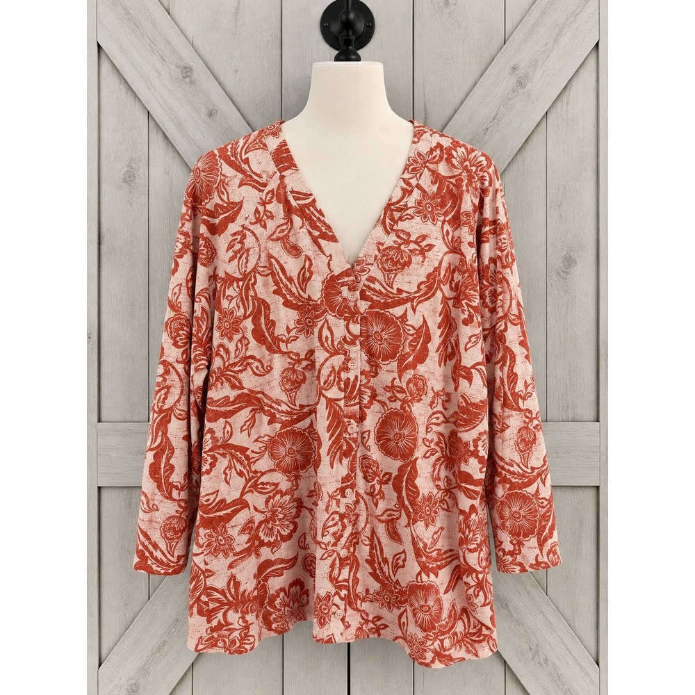 AnyBody Button Down Cardigan Top 2X Rust Floral V-Neck Long Sleeve A633366